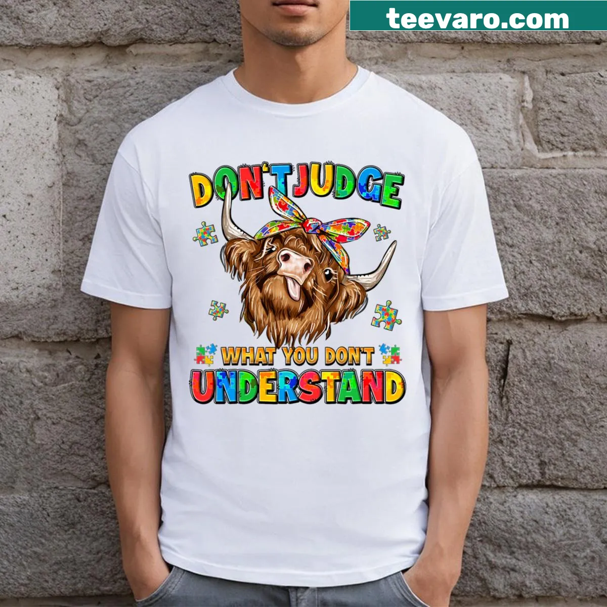 Cow graphic with text promoting Autism Awareness on a t-shirt — on a men's t-shirt