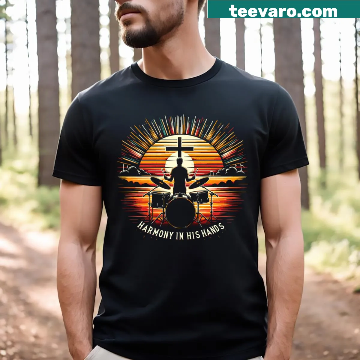 Drum set and Jesus graphic on a t-shirt for musicians — on a men's t-shirt