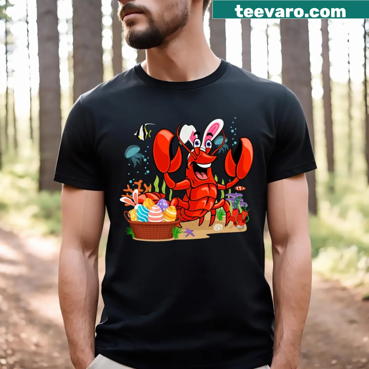 Playful design with lobster, crawfish, and Easter eggs for a fun vibe — on a men's t-shirt