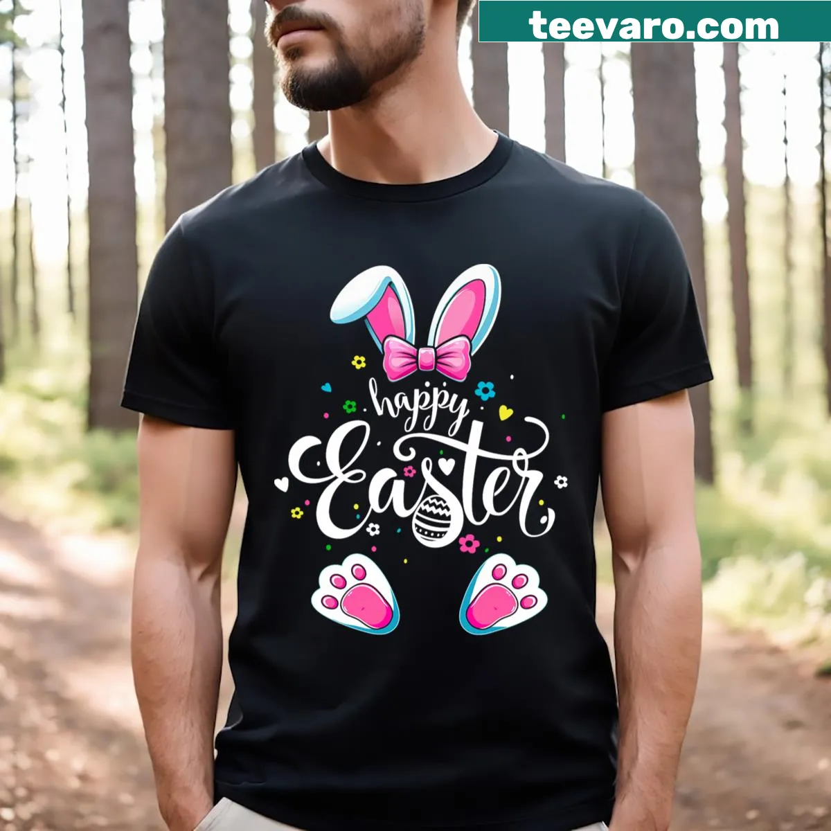 Happy Easter T-shirt for girls with playful graphics — on a men's t-shirt