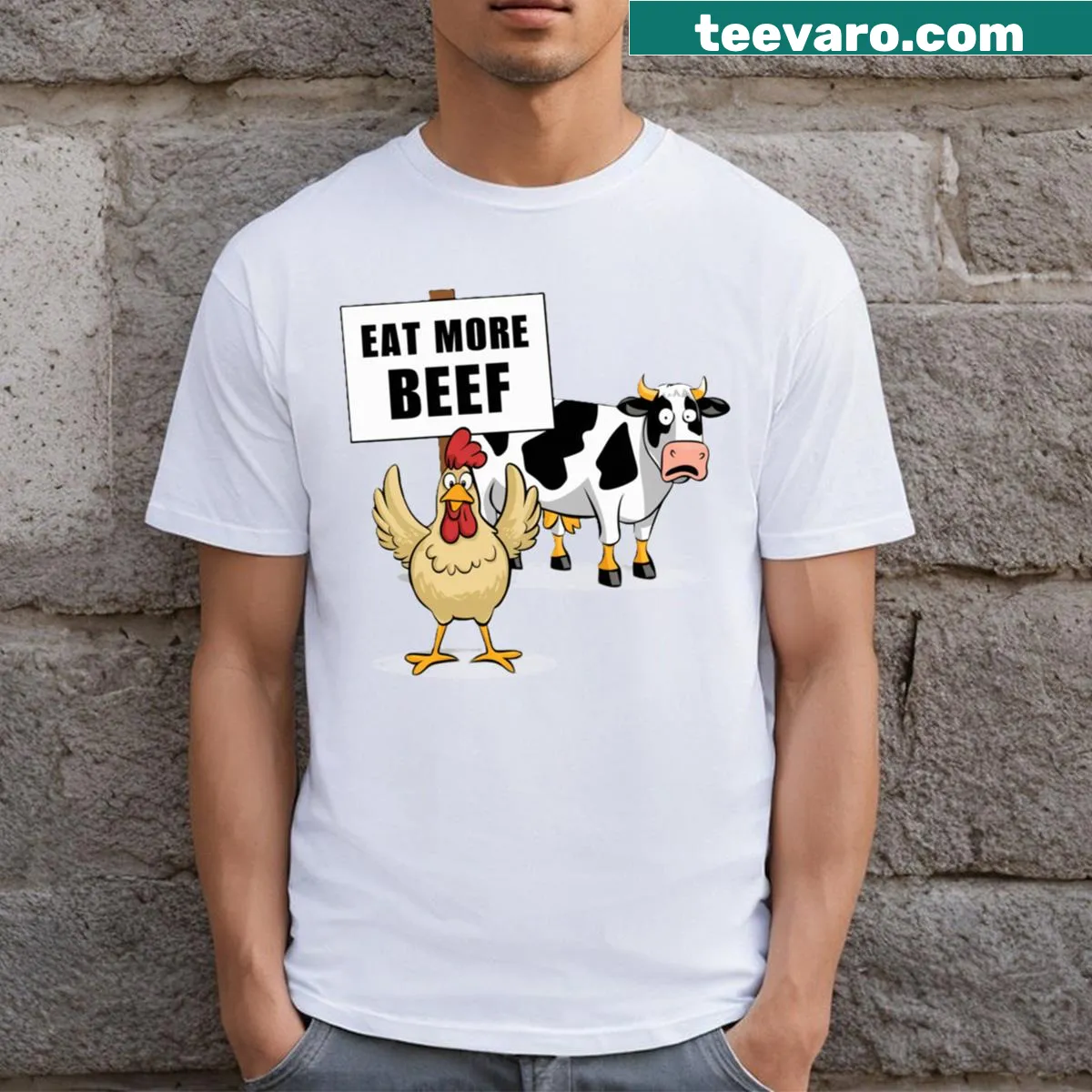 Cartoon cow and meats design for a humorous take on food — on a men's t-shirt