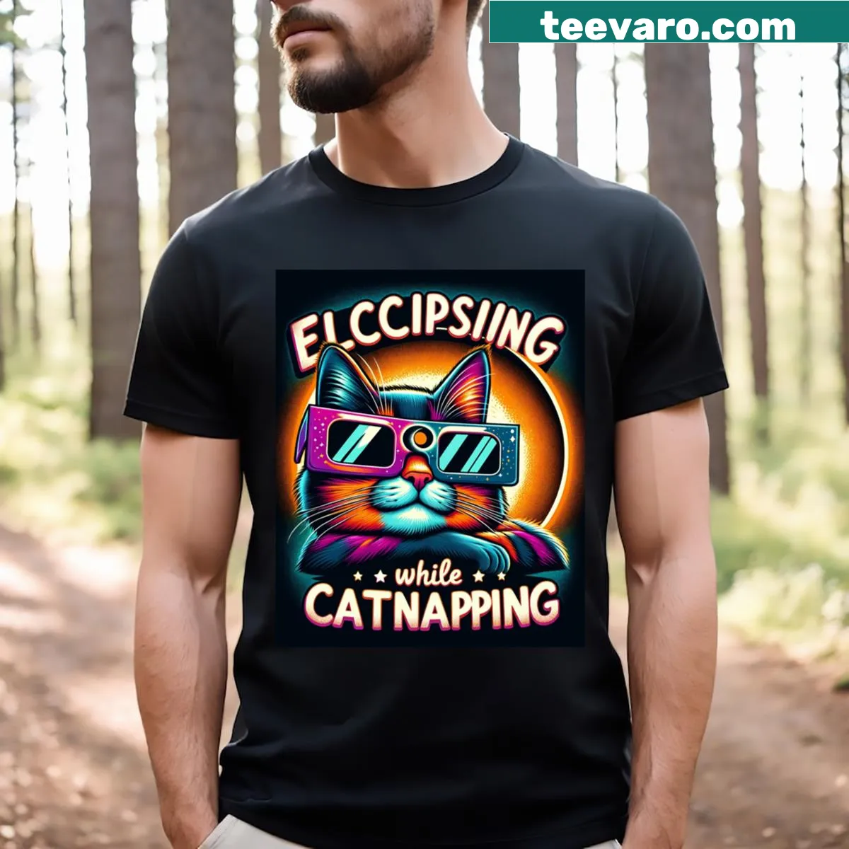 Cartoon cat watching an eclipse in a funny design. — on a men's t-shirt