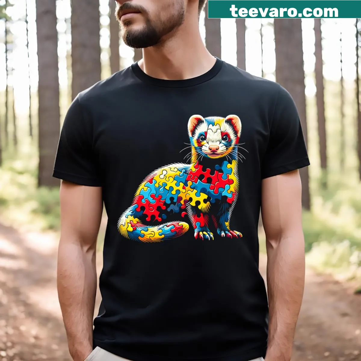 Ferret-themed T-shirt with jigsaw puzzle design for autism awareness — on a men's t-shirt