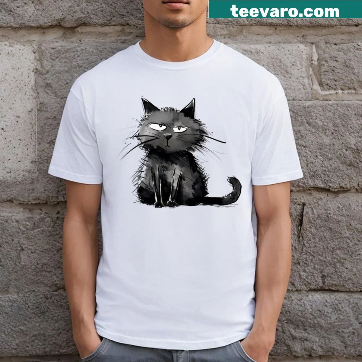 T-shirt showcasing playful illustrations of funny and grumpy cats — on a men's t-shirt