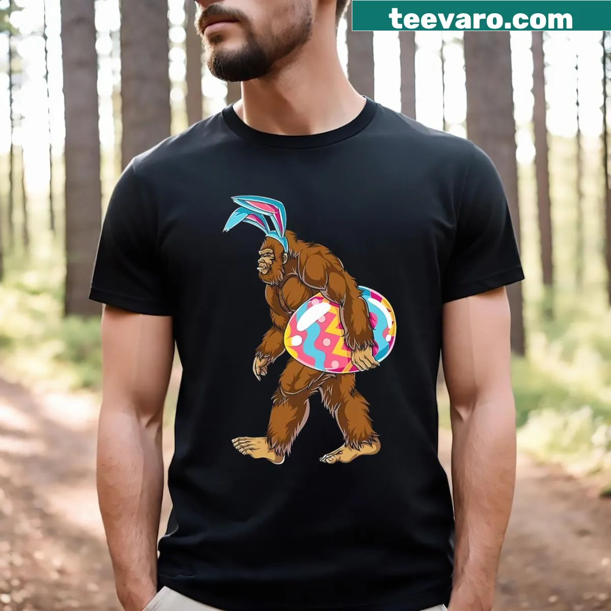 Cartoon Sasquatch with Easter eggs graphic T-shirt — on a men's t-shirt