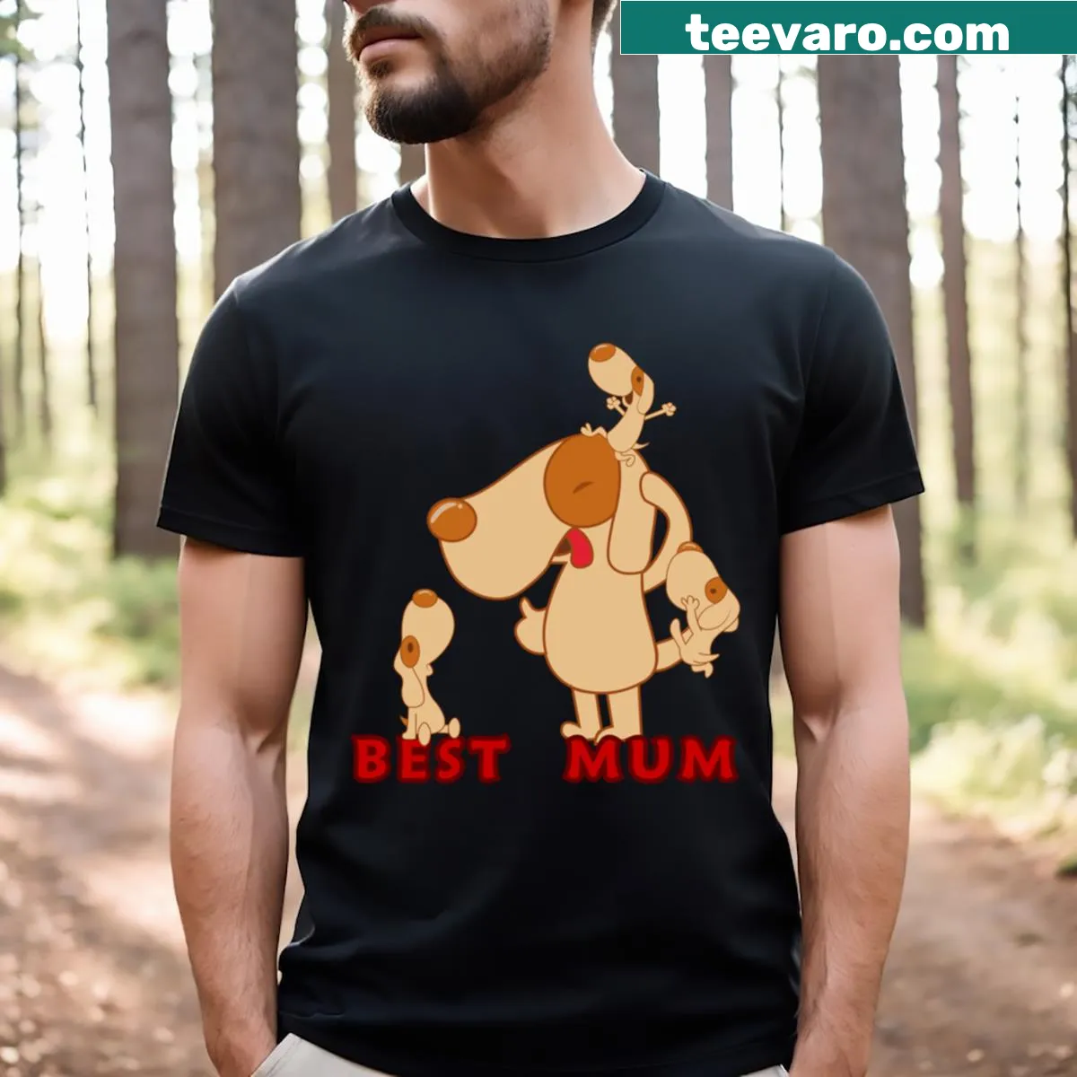 Illustrated t-shirt featuring a dog and her puppies, celebrating dog motherhood — on a men's t-shirt