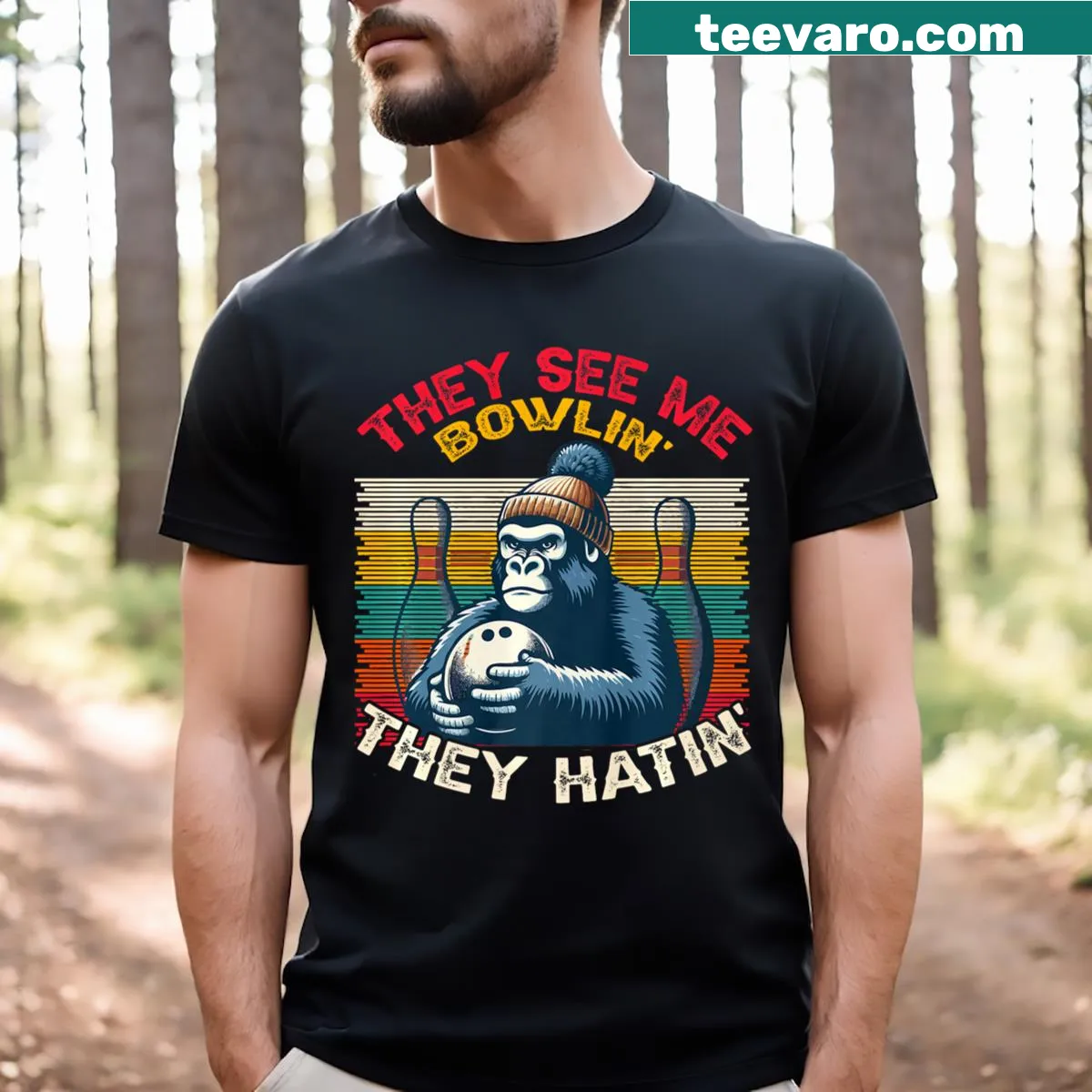 Funny bowling lover t-shirt with a playful pop-art design — on a men's t-shirt
