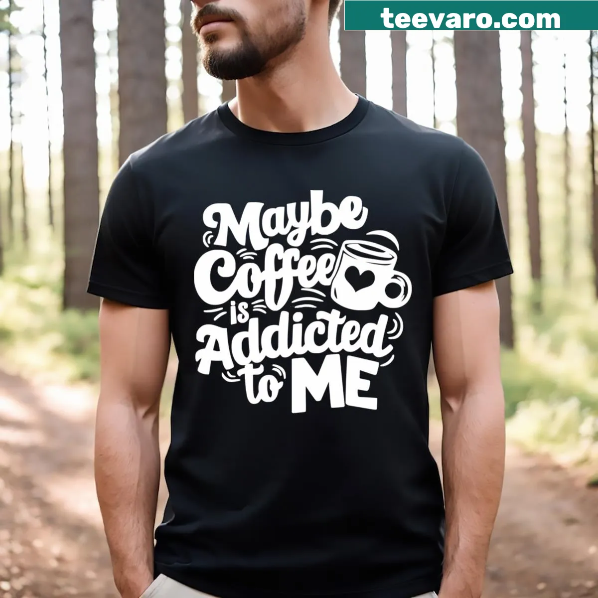Pop-art style tee with humorous coffee addiction text — on a men's t-shirt