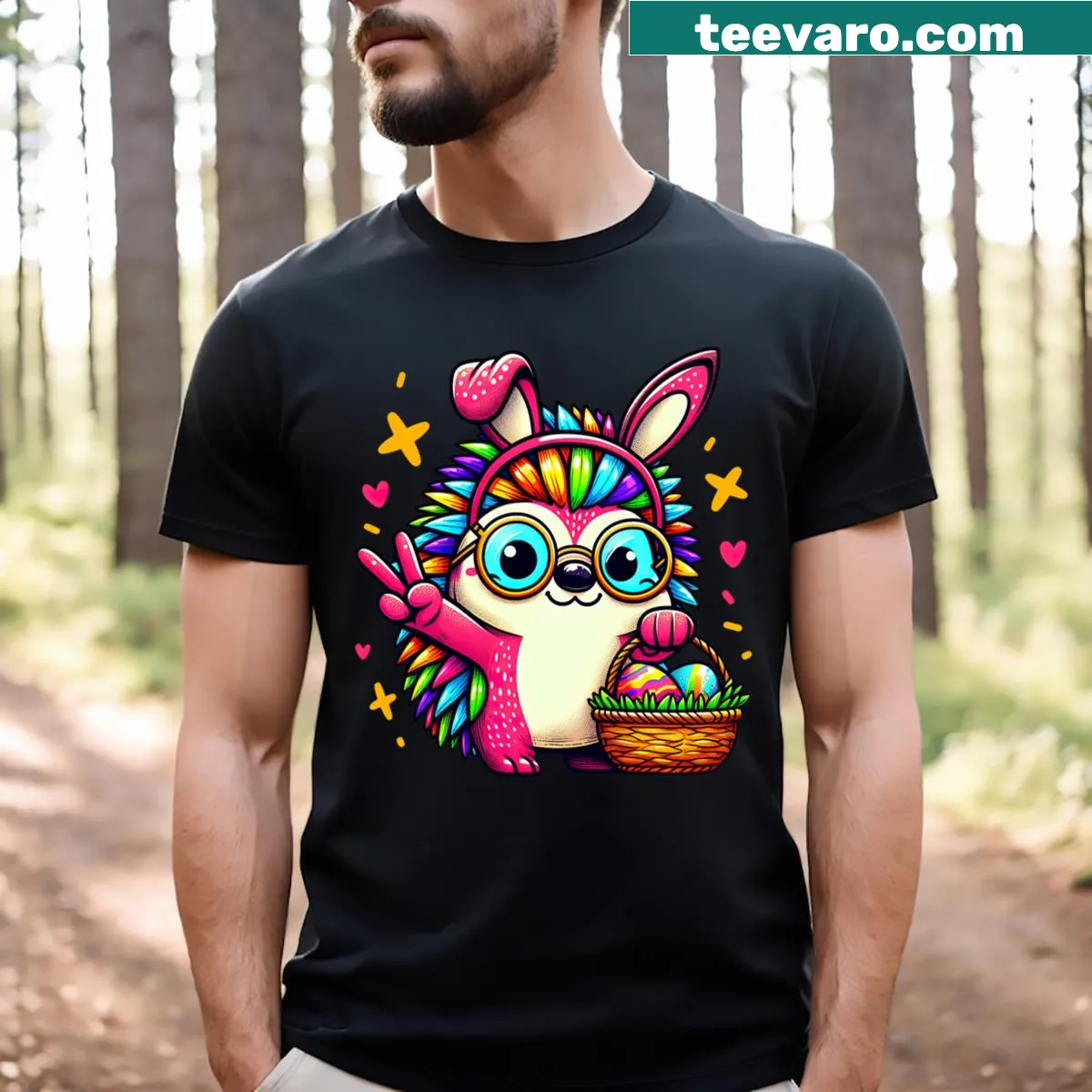 Illustrated T-shirt of a hedgehog showing a peace sign — on a men's t-shirt