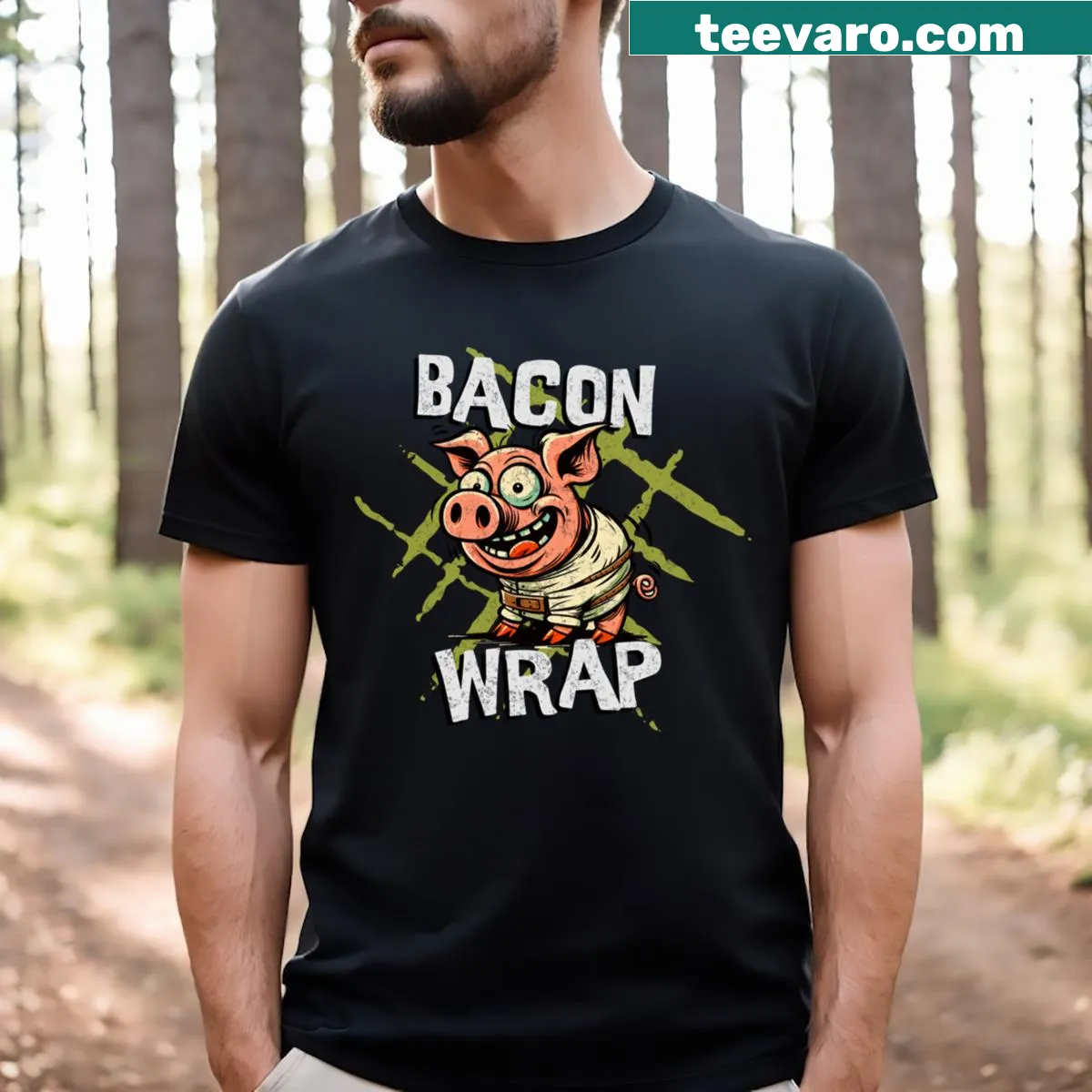 Funny pig design in a straitjacket wrapped in bacon on a T-shirt — on a men's t-shirt