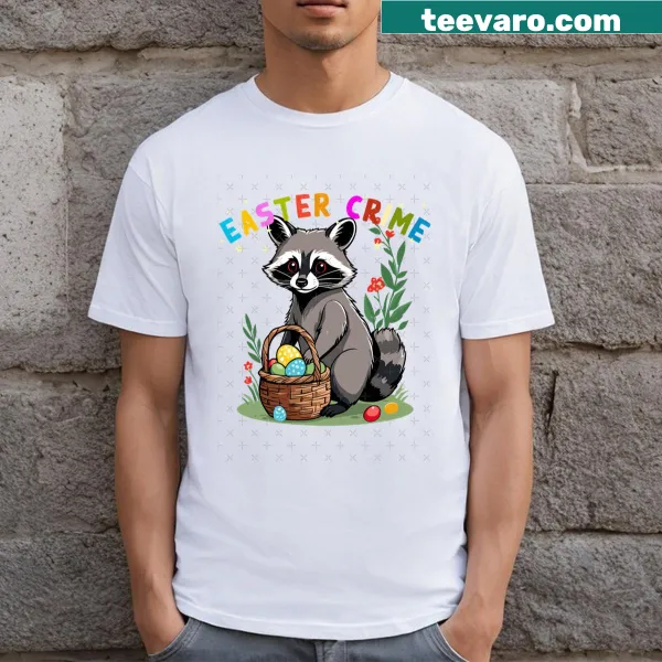 Adorable t-shirt featuring a raccoon in a bunny costume with Easter eggs