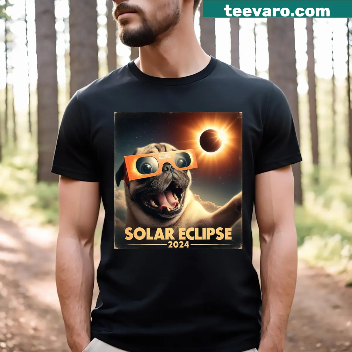 English pug graphic t-shirt with selfie and eclipse theme — on a men's t-shirt