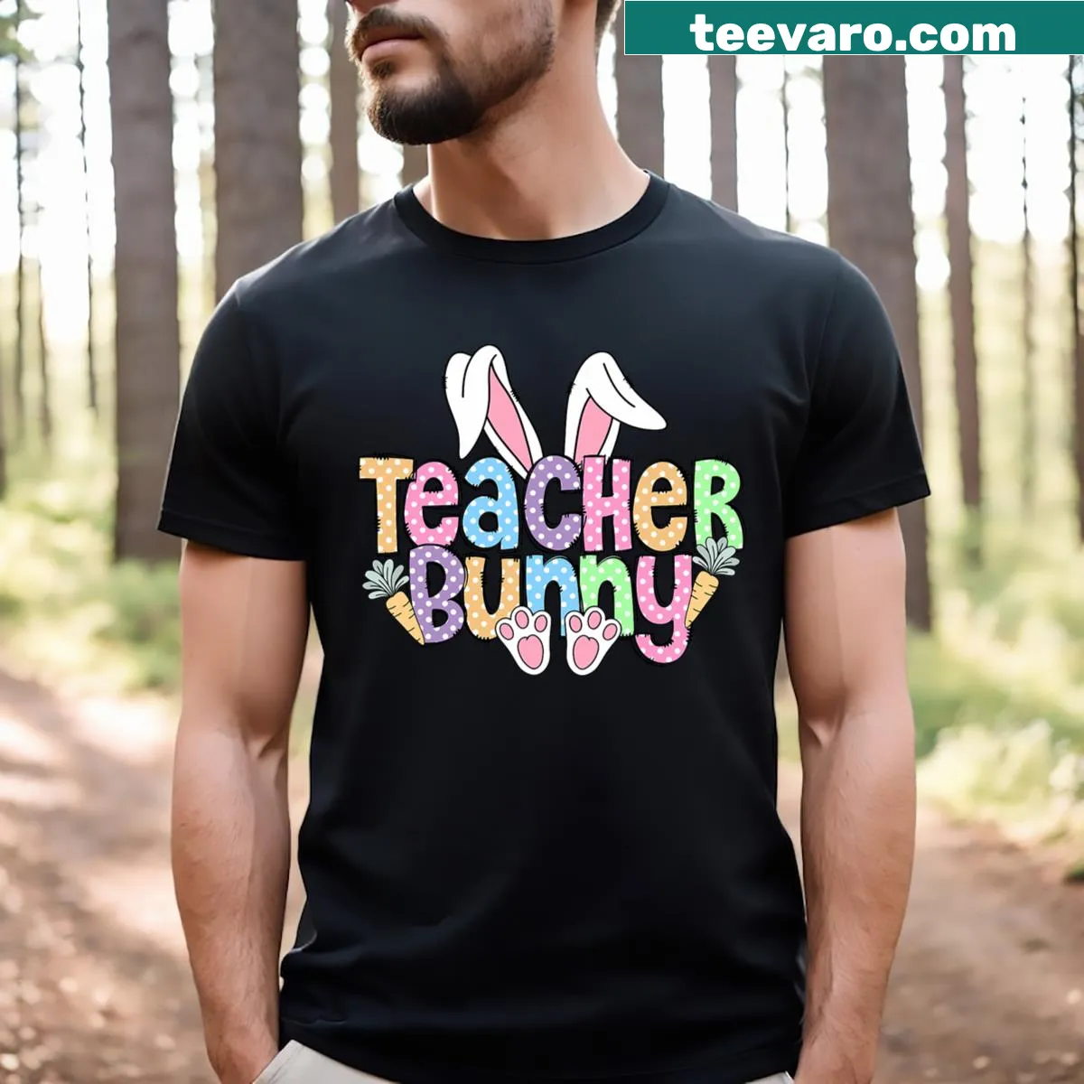 Retro bunny graphic T-shirt with Easter eggs for teachers — on a men's t-shirt