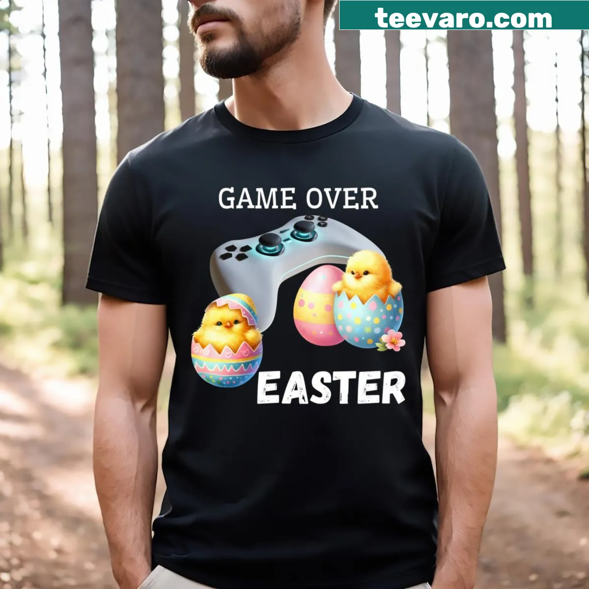 Easter-themed gamer t-shirt with 'Game Over' graphic — on a men's t-shirt