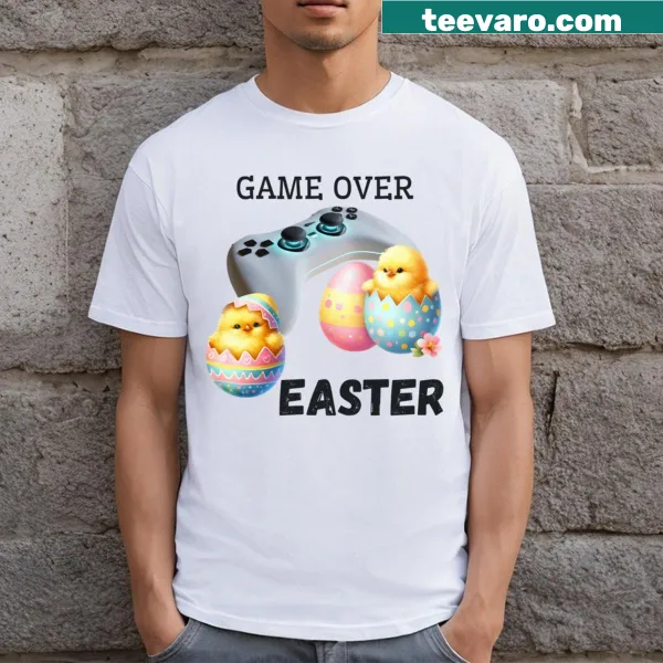 Funny gaming Easter t-shirt with 'Game Over' and joystick