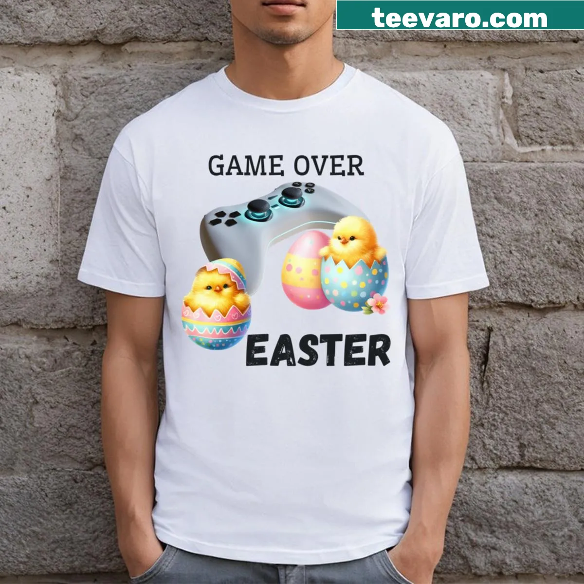 Funny gaming Easter t-shirt with 'Game Over' and joystick — on a men's t-shirt