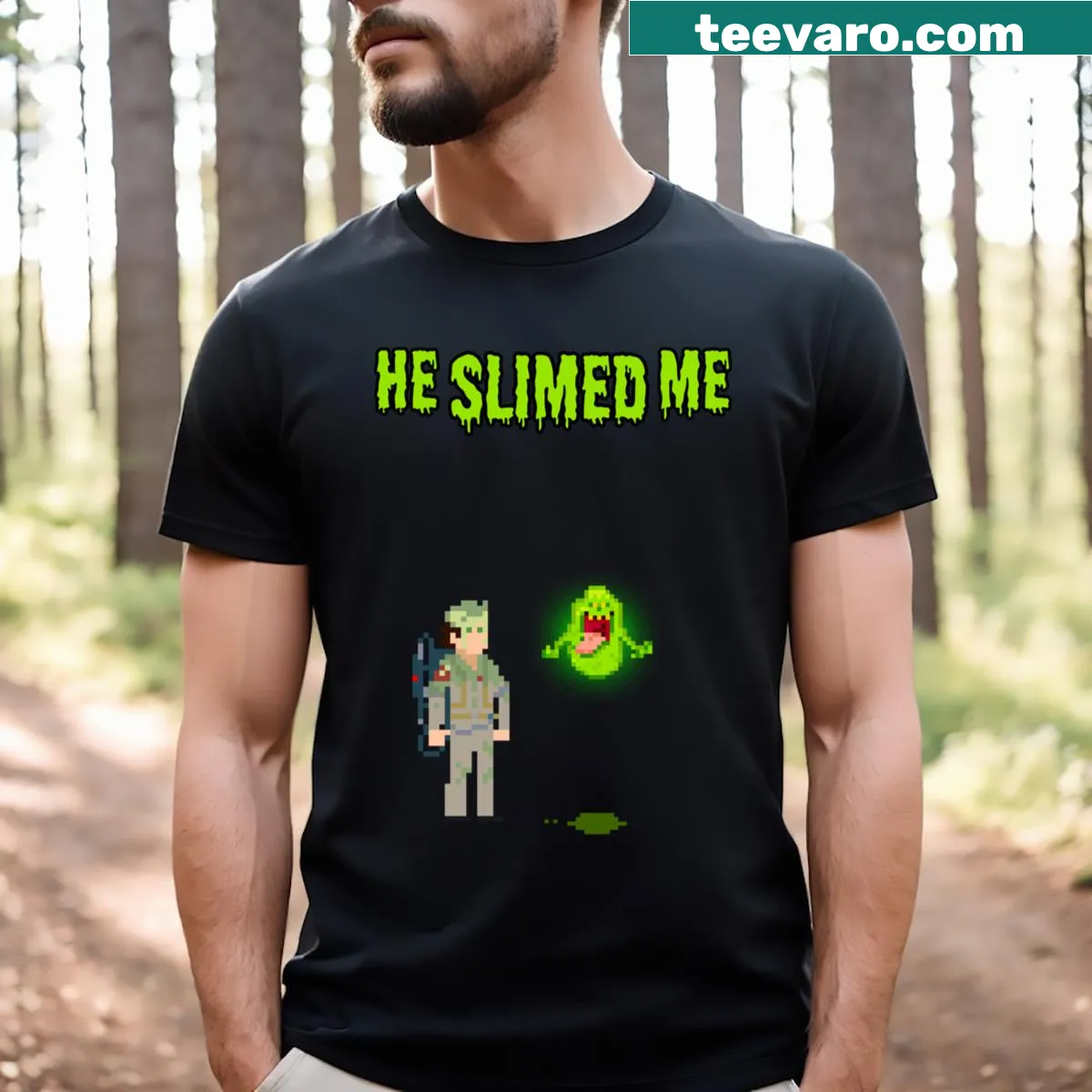 Cartoon ghost covered in slime graphic t-shirt for gamers. — on a men's t-shirt