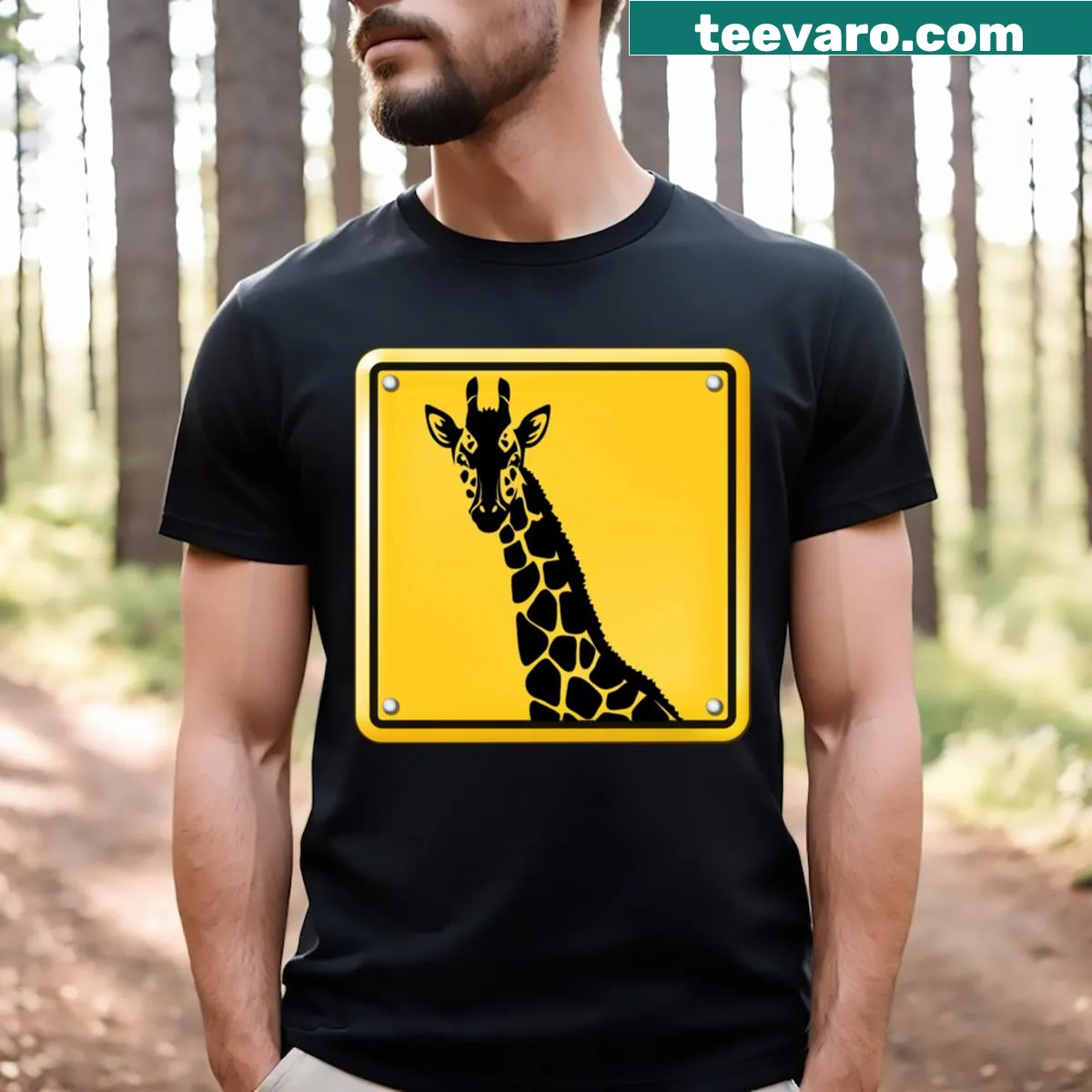 T-shirt featuring a whimsical giraffe road sign design — on a men's t-shirt