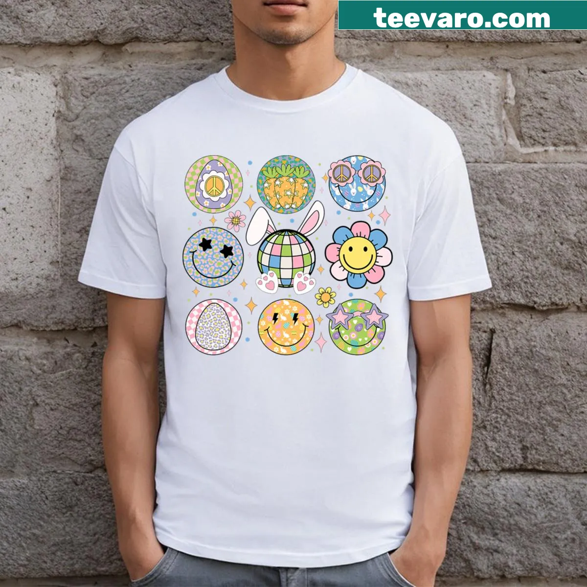 Cute Easter T-shirt featuring a rabbit and eggs in a hippie style — on a men's t-shirt