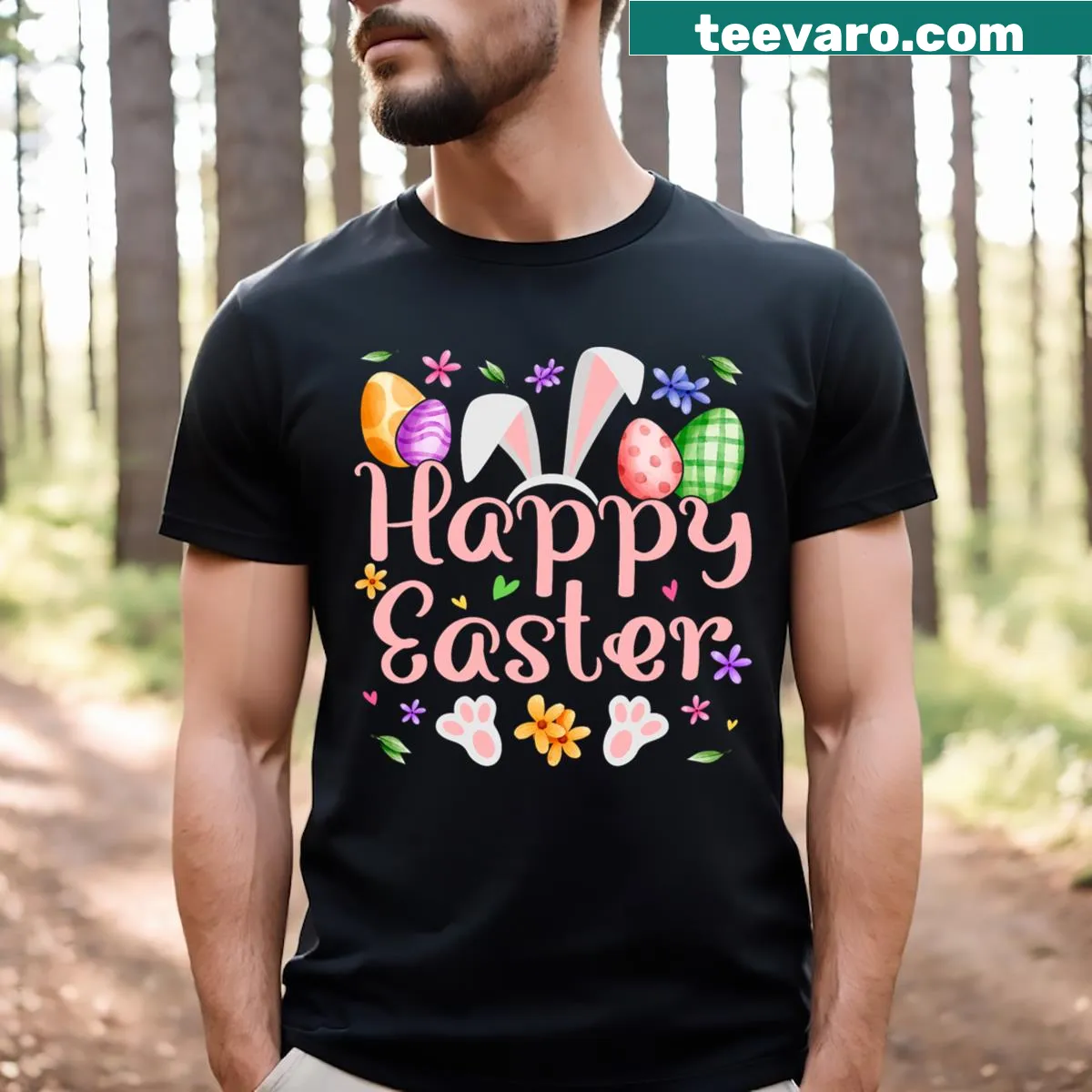 Charming Easter Day t-shirt for men and kids with playful graphics — on a men's t-shirt