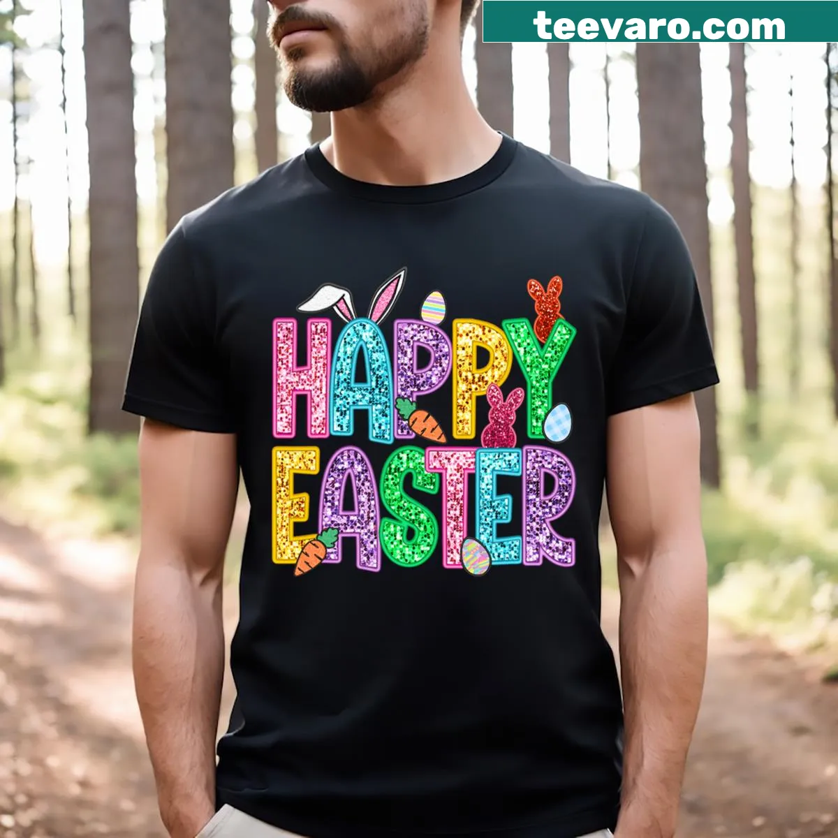 Humorous bunny and Easter eggs graphic T-shirt for all ages — on a men's t-shirt