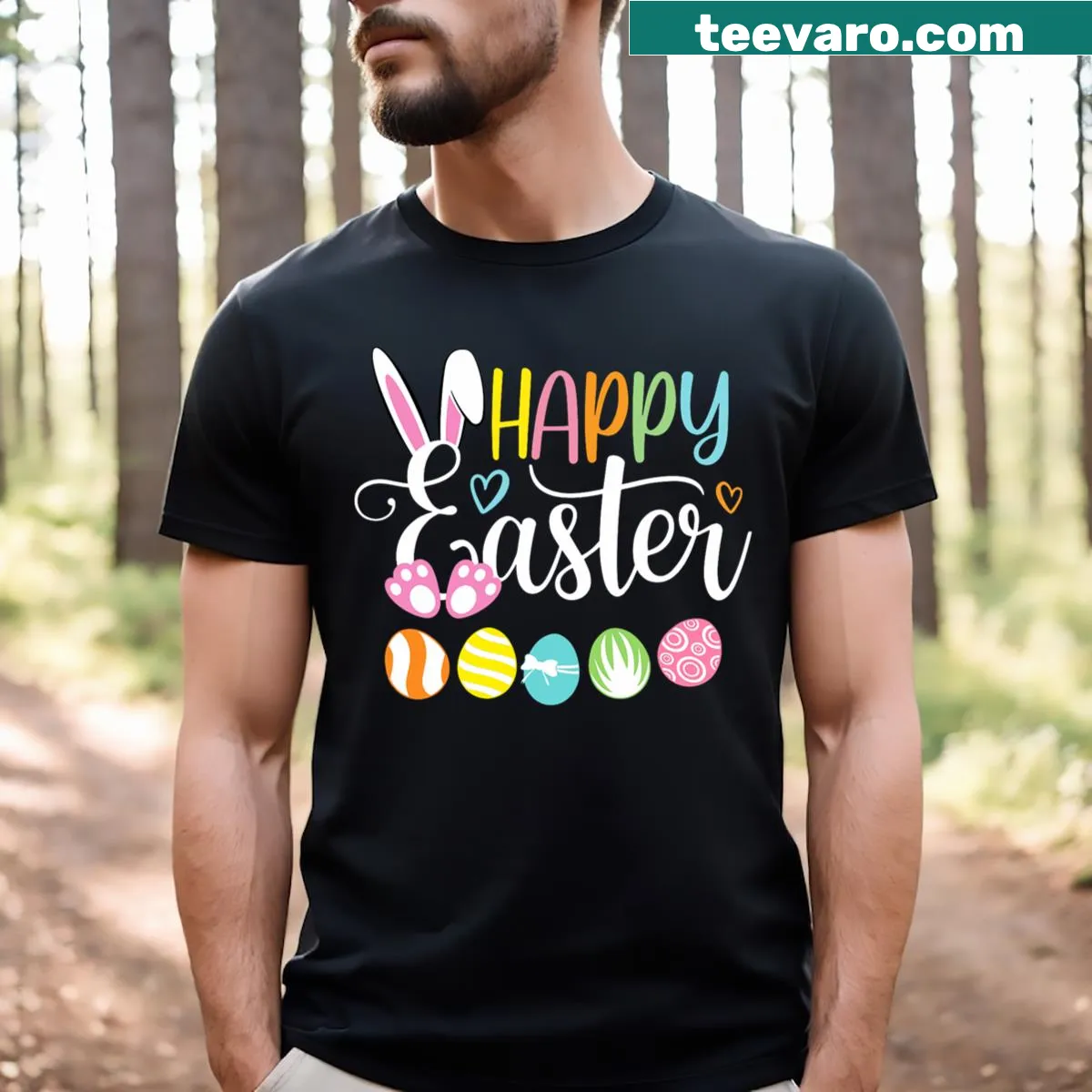 Cute rabbit face with Easter eggs design — on a men's t-shirt