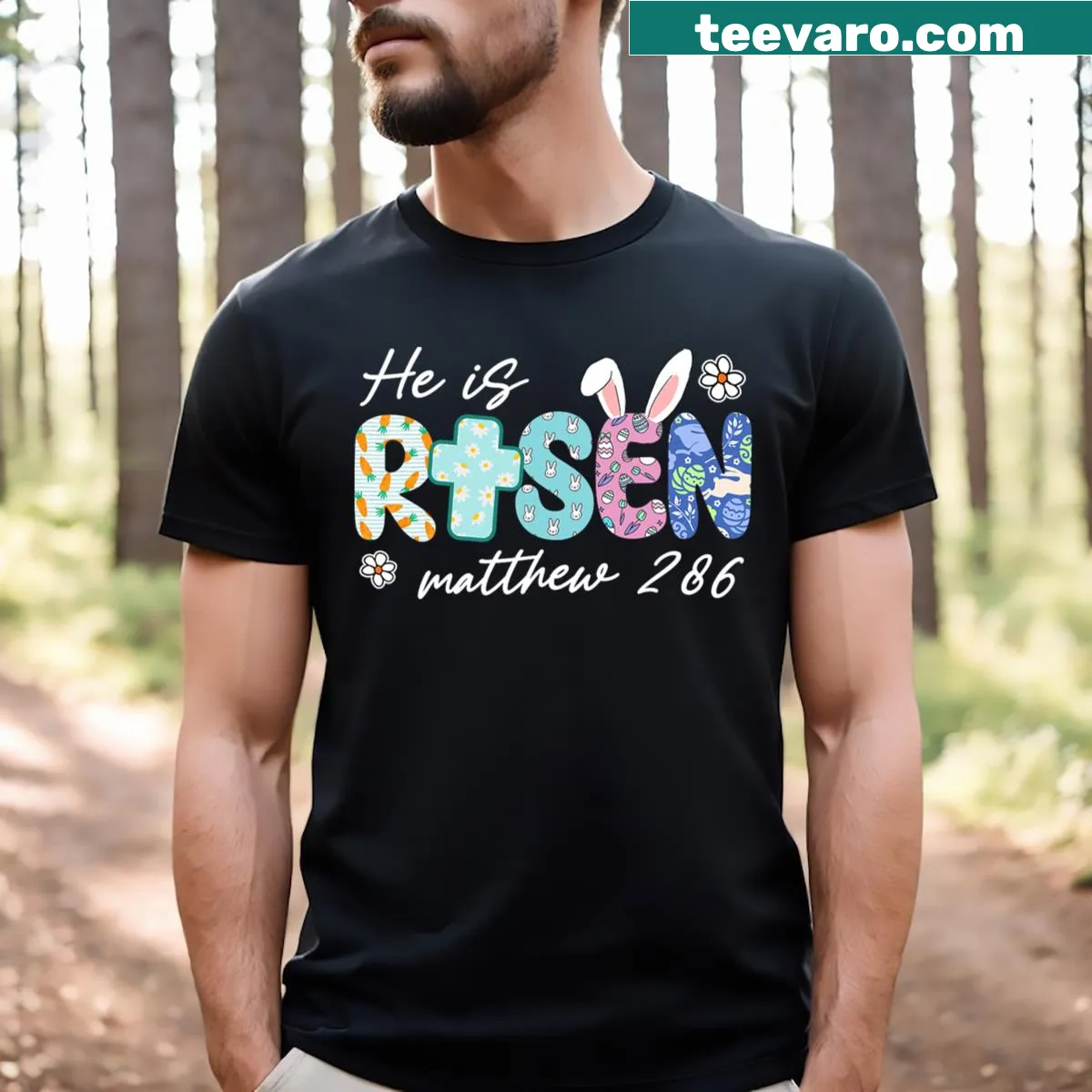 Kids Easter t-shirt with 'He Is Risen' and Jesus image — on a men's t-shirt