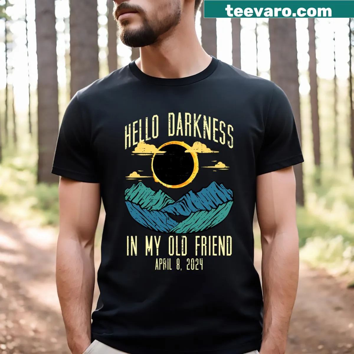 T-shirt featuring the phrase 'Hello Darkness My Old Friend' for the 2024 eclipse — on a men's t-shirt