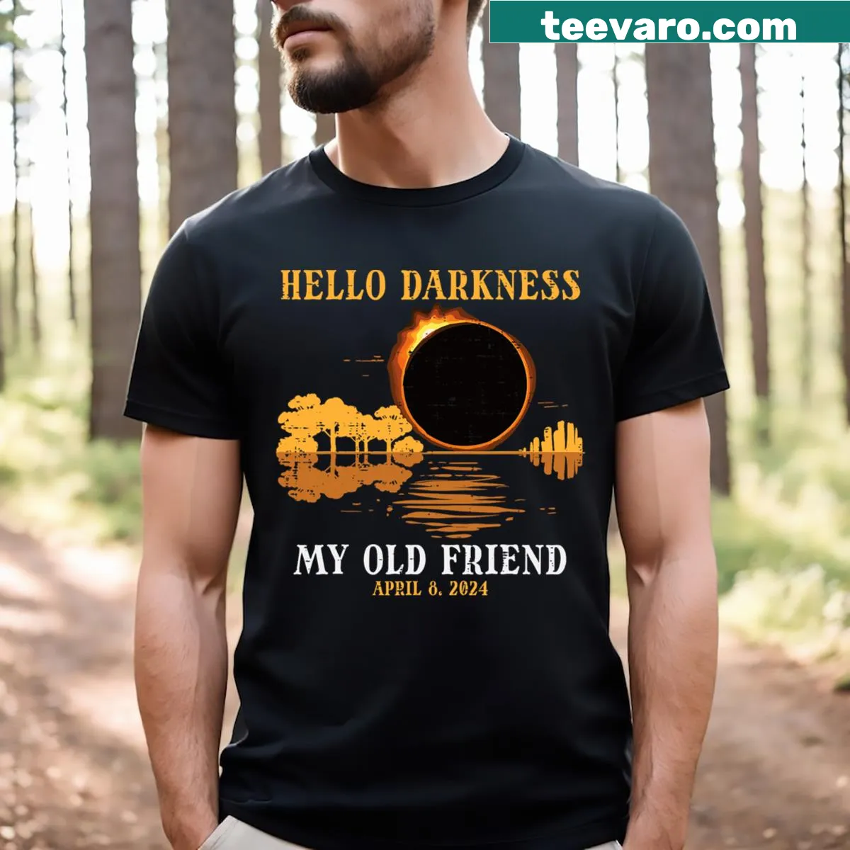 T-shirt featuring 'Hello Darkness My Old Friend' text — on a men's t-shirt