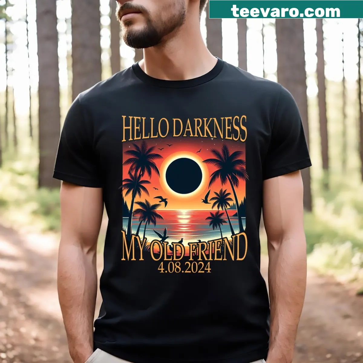 Illustration t-shirt depicting a beach scene and solar eclipse — on a men's t-shirt