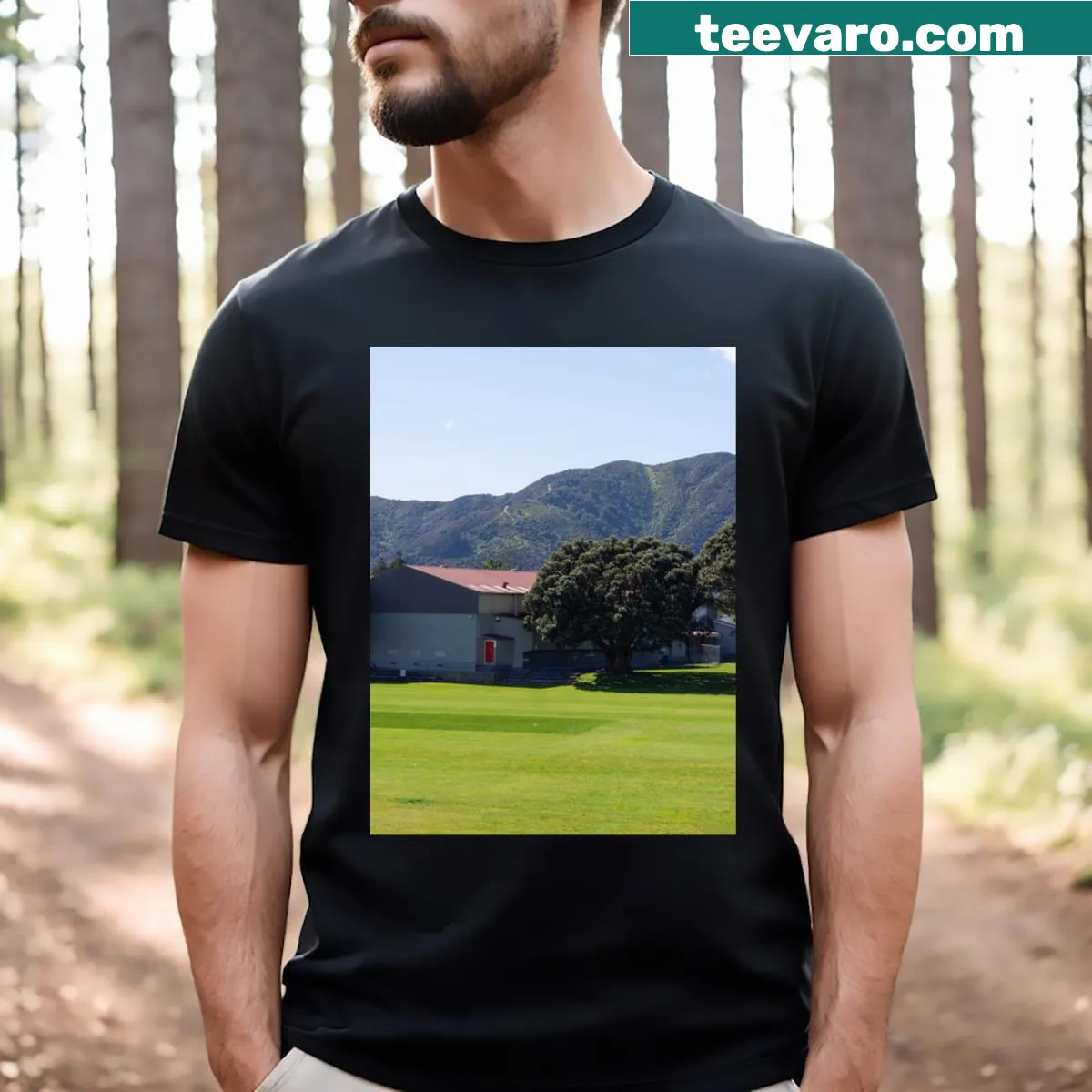 High School Sports Field T-shirt featuring a graphic of a sports field — on a men's t-shirt