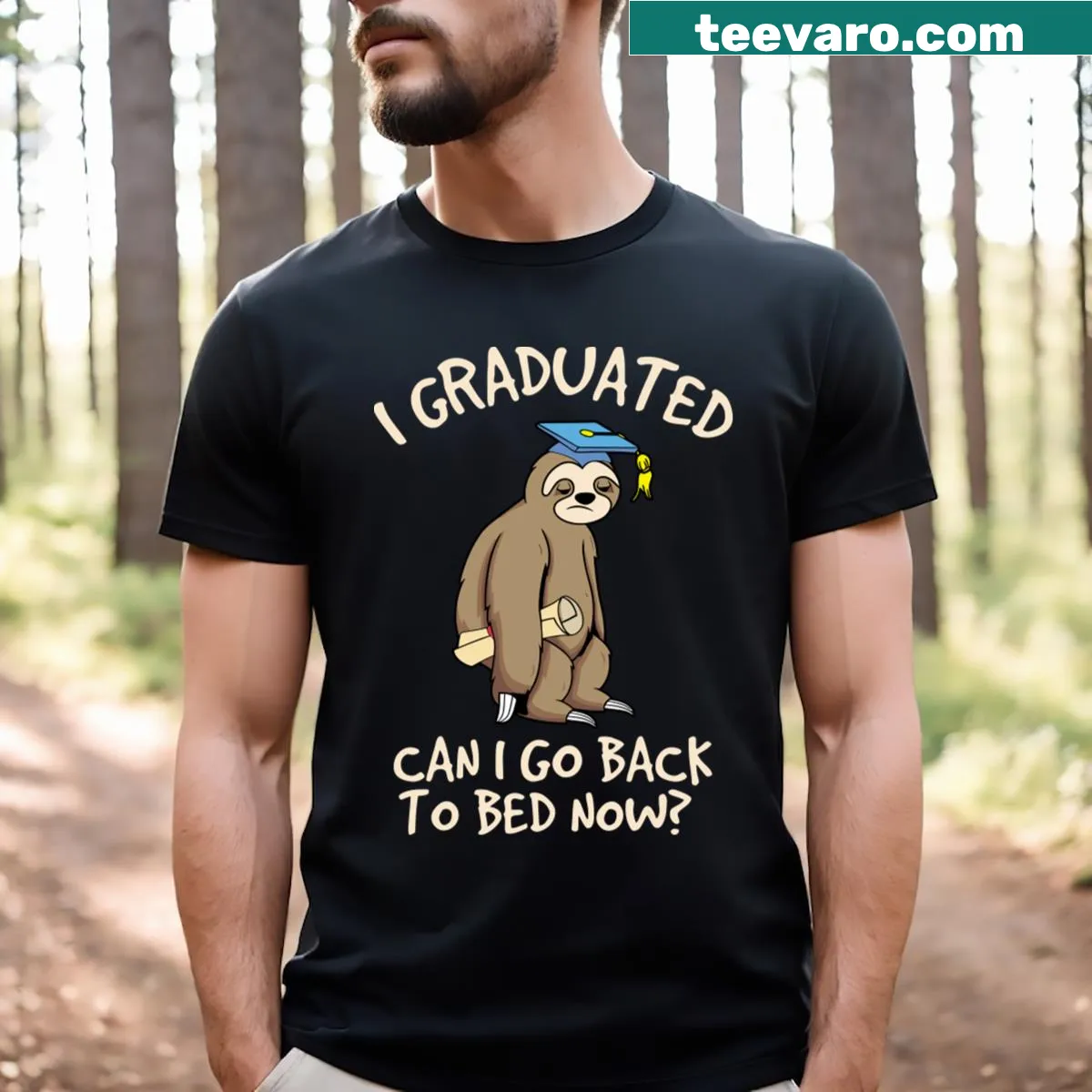 Funny graduation t-shirt with a sloth and humorous slogan — on a men's t-shirt