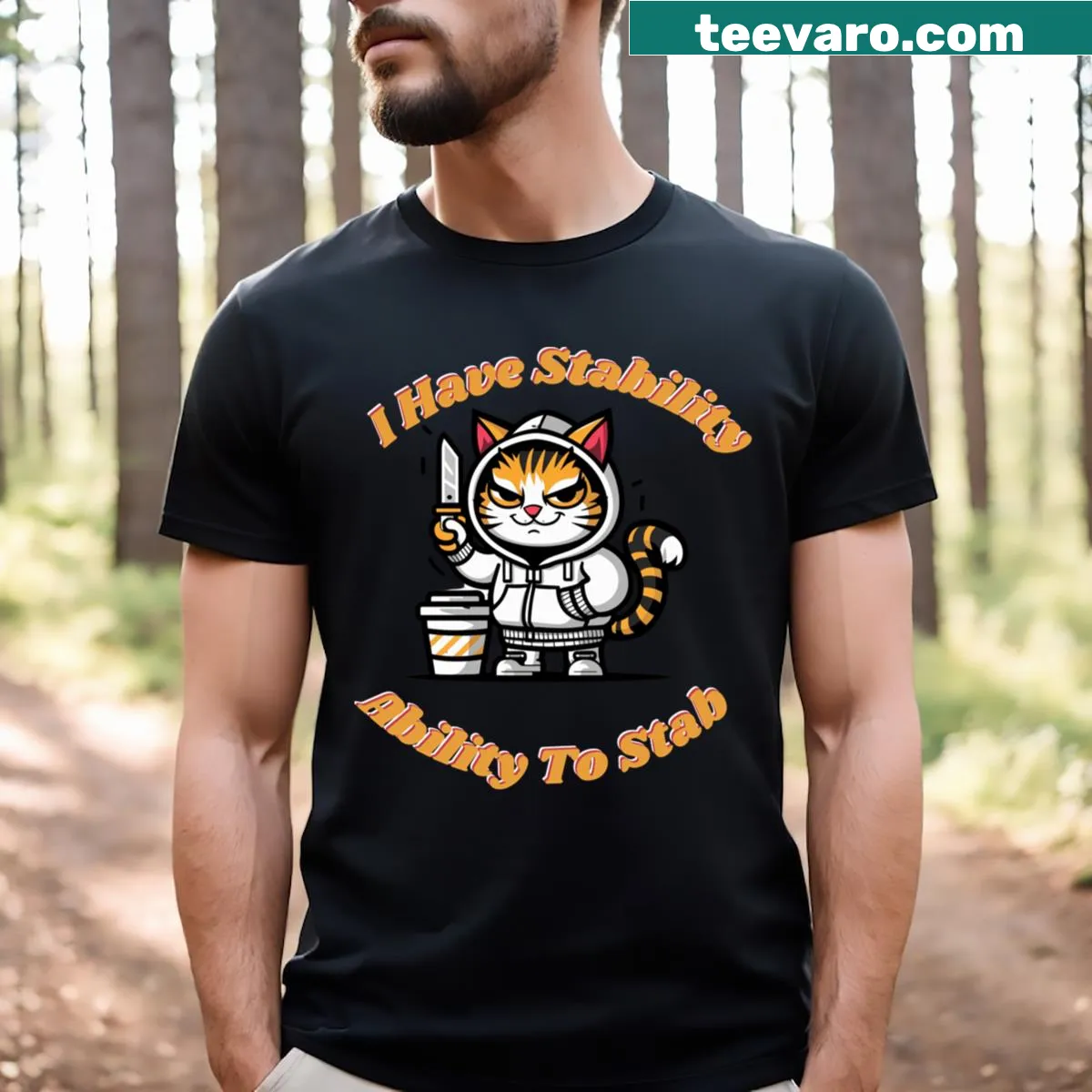 Funny T-shirt featuring the phrase about stability and cats for cat lovers — on a men's t-shirt