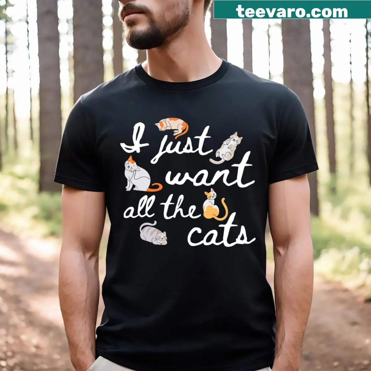 Bold text t-shirt expressing love for all cats — on a men's t-shirt