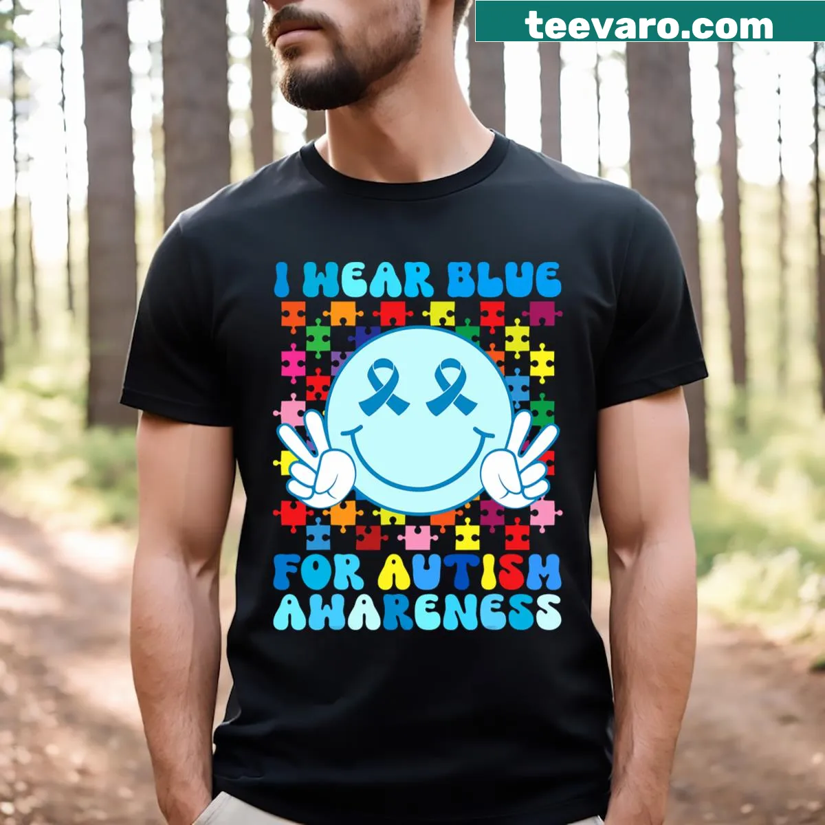 Blue Autism Awareness Month shirt with uplifting text design — on a men's t-shirt