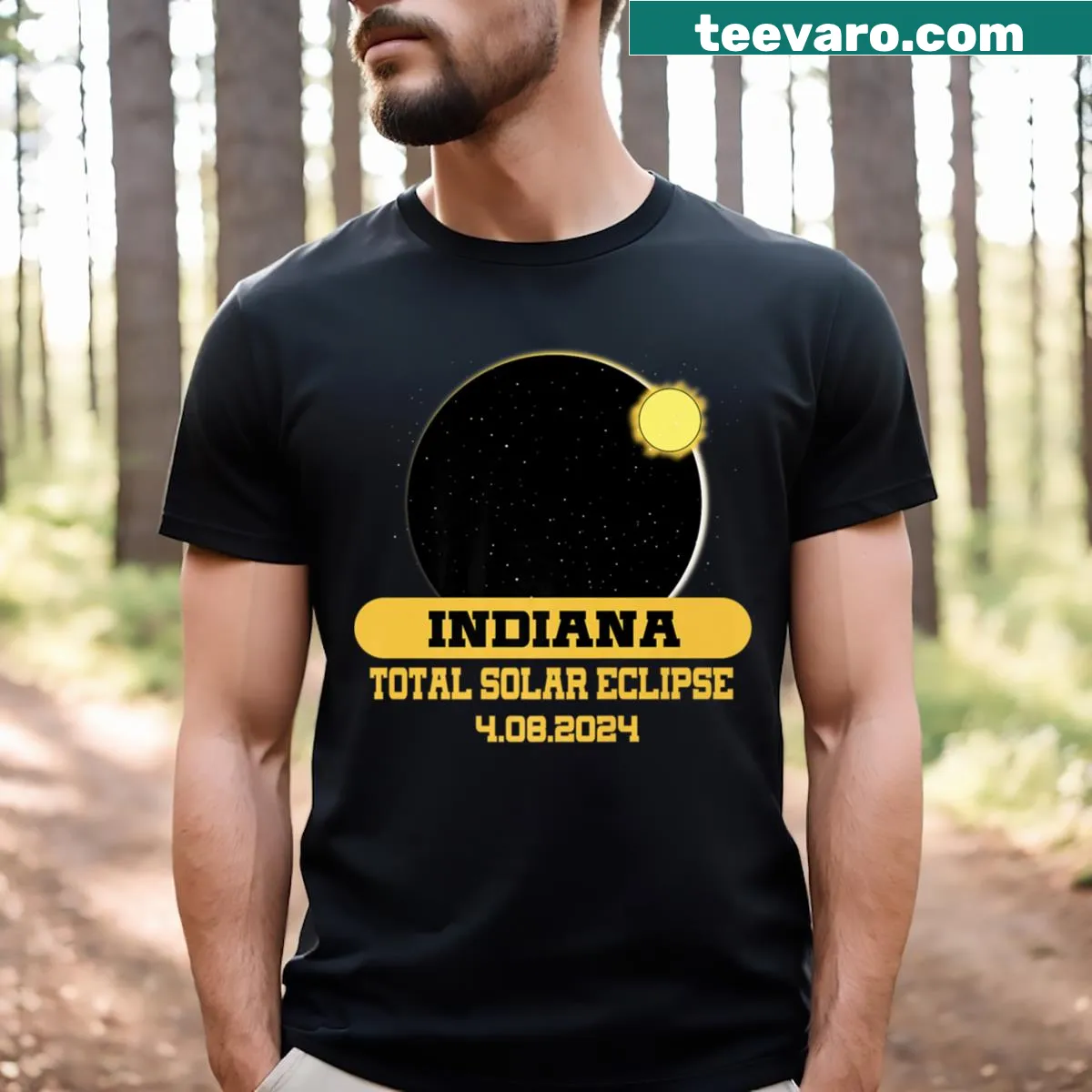 Solar eclipse graphic on a t-shirt celebrating the 2024 event — on a men's t-shirt