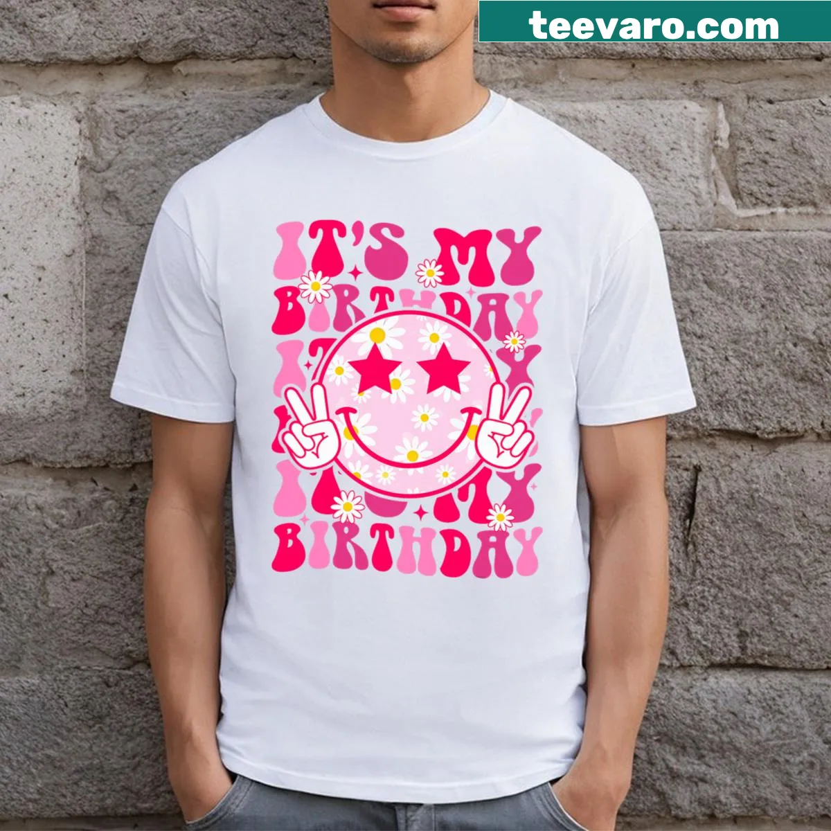 Birthday T-shirt for girls with flowers and groovy text — on a men's t-shirt