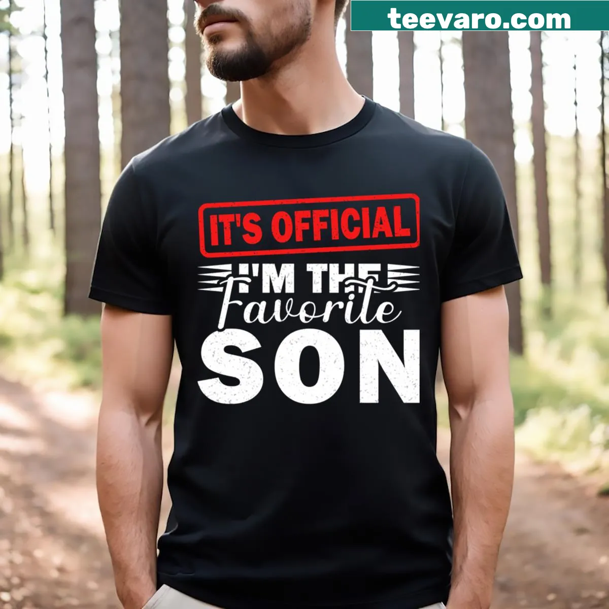Funny T-shirt stating I'm The Favorite Son in bold typography — on a men's t-shirt