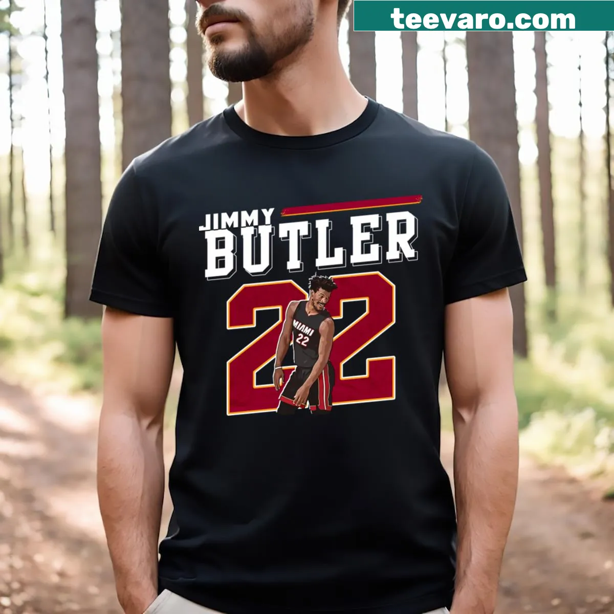 Graphic T-shirt celebrating Jimmy Butler's basketball journey — on a men's t-shirt