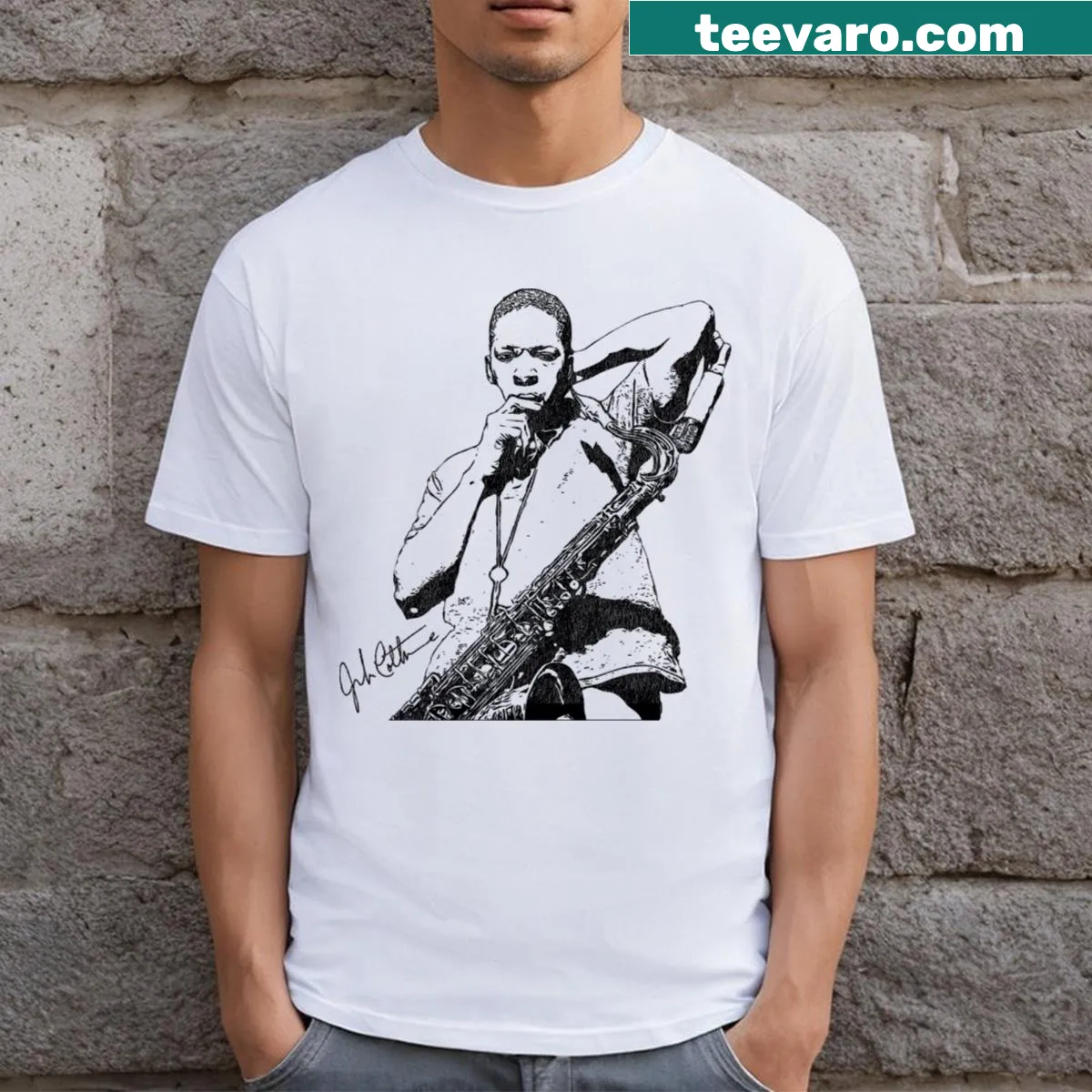 Artistic t-shirt paying tribute to John Coltrane with a creative design. — on a men's t-shirt