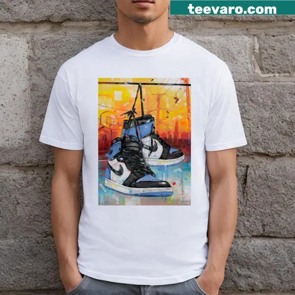 Graphic T-shirt showcasing Jordan 1 UNC Toe powerlines art