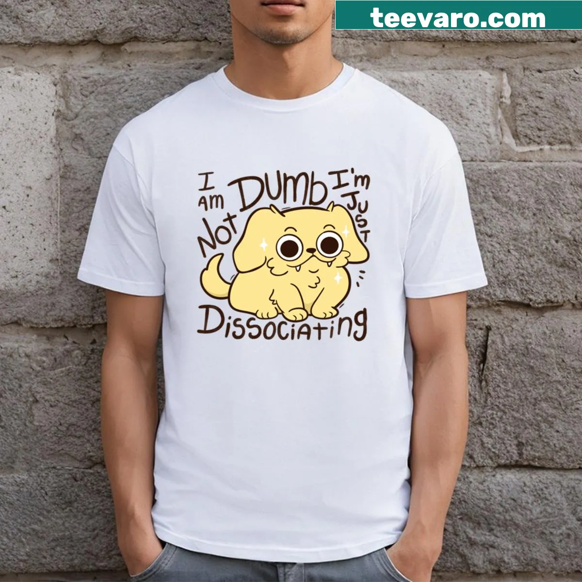 Humorous 'Just Dissociating' text t-shirt. — on a men's t-shirt