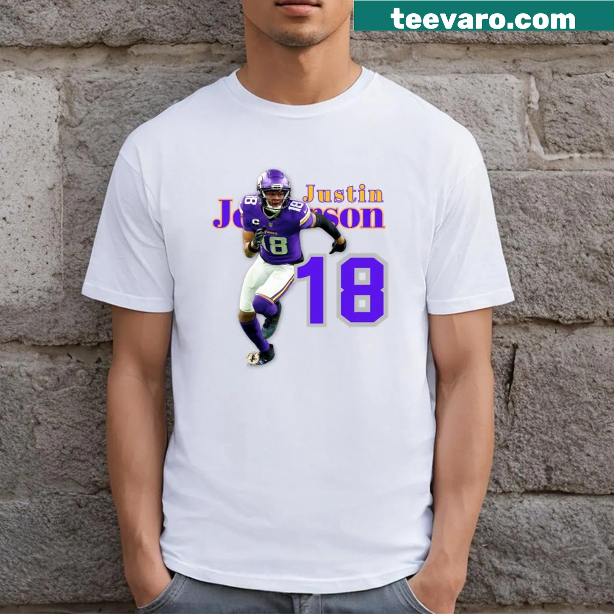 T-shirt featuring Justin Jefferson's name in bold font — on a men's t-shirt