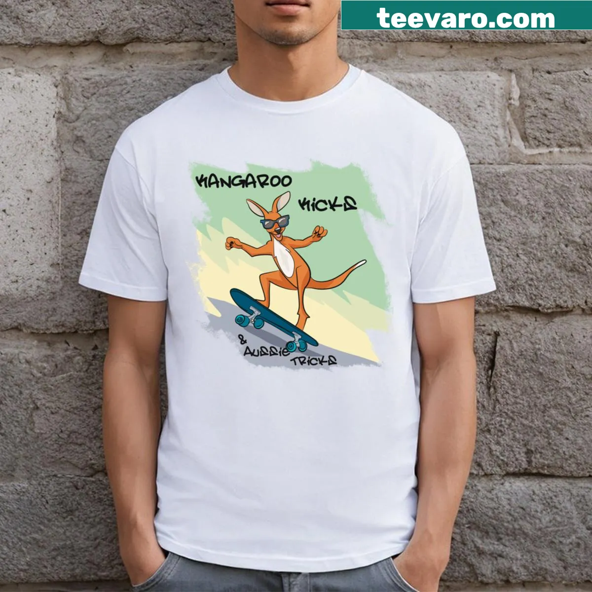 Funny t-shirt featuring skateboard kangaroos for teens — on a men's t-shirt