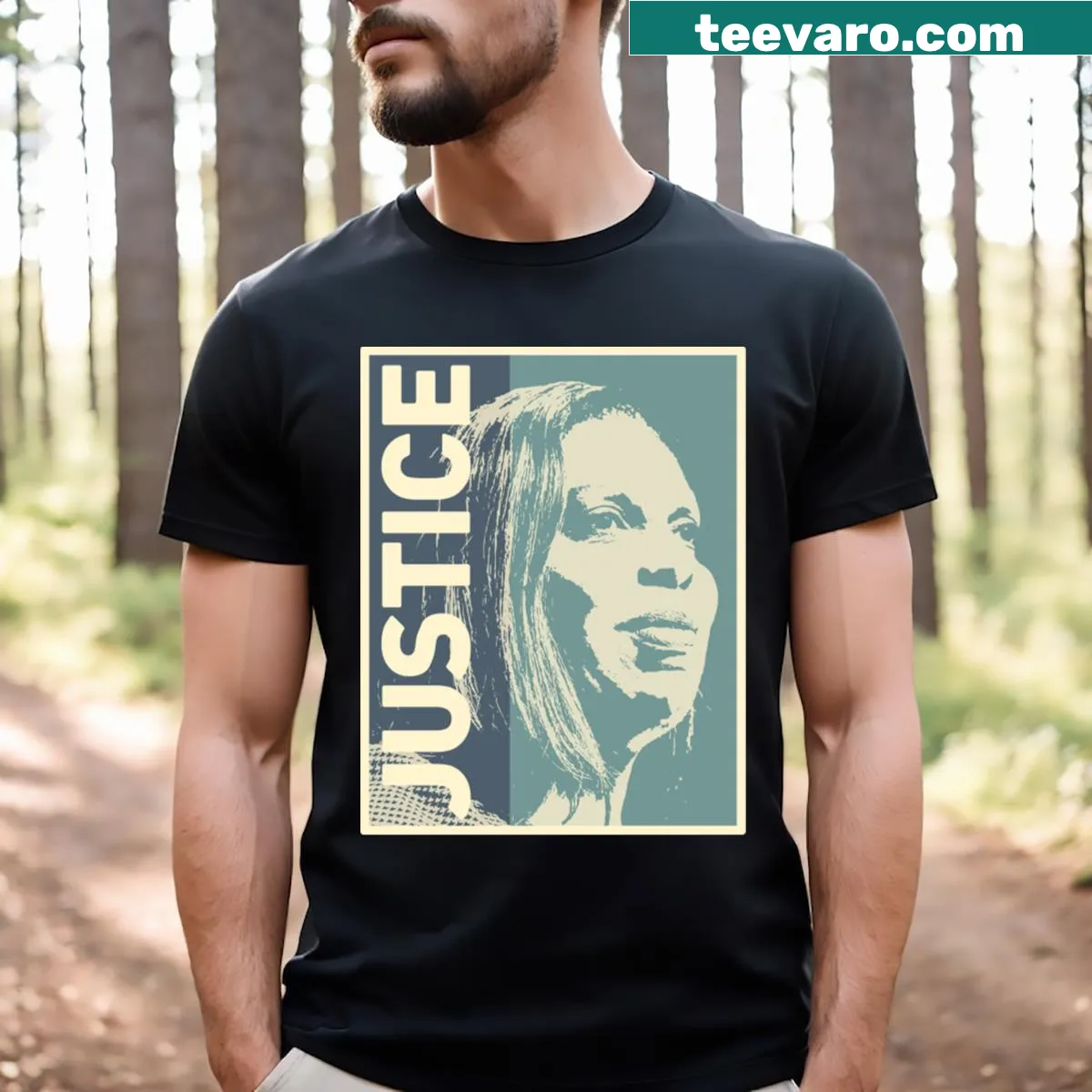 Activism-themed tee with 'Justice By Buck' text for advocacy — on a men's t-shirt