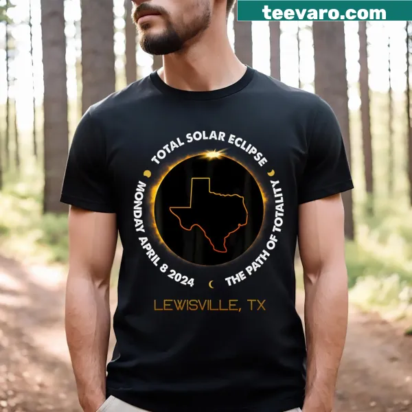 Illustrated tee celebrating the 2024 solar eclipse in Lewisville, Texas
