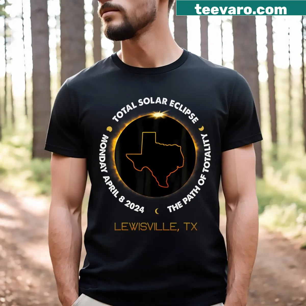 Illustrated tee celebrating the 2024 solar eclipse in Lewisville, Texas — on a men's t-shirt