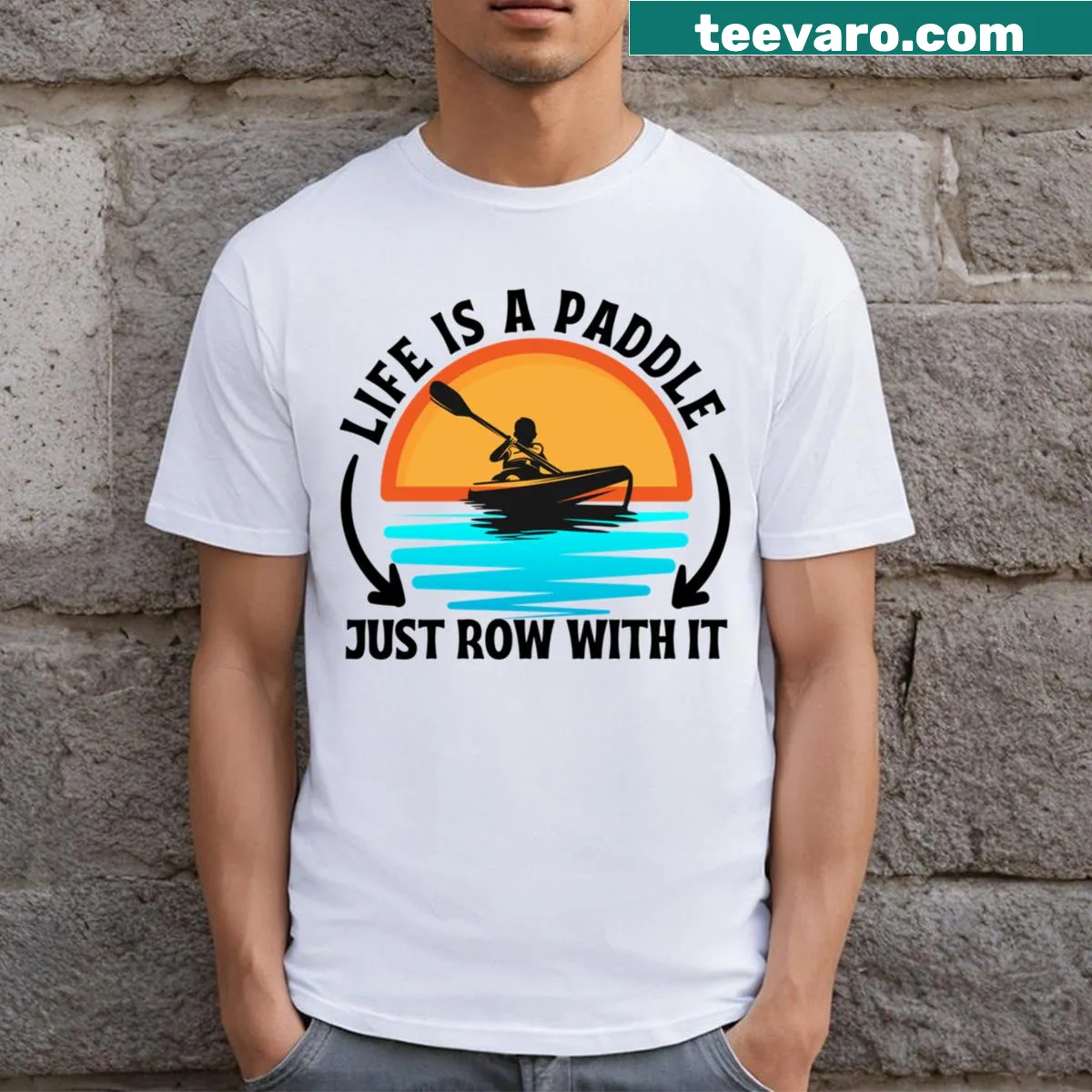 Funny canoeing pun t-shirt with 'Life Is A Paddle Just Row With It' text — on a men's t-shirt