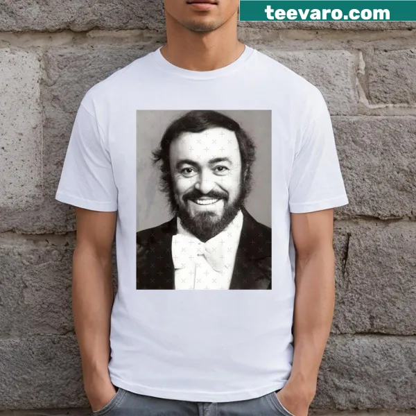 Black and white illustration of Luciano Pavarotti on T-shirt