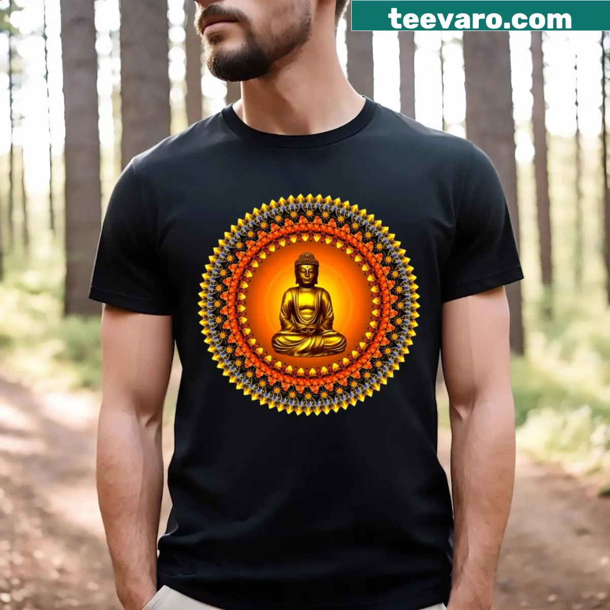 Illustrated T-shirt featuring a golden Buddha in mandala design — on a men's t-shirt